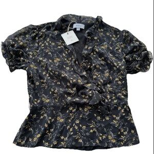 Rihaos Black & Gold Floral short sleeve blouse size L  new with tags  side zip